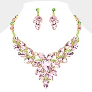 Pink Green Crystal Teardrop Cluster Marquise Evening Statement Necklace Set
